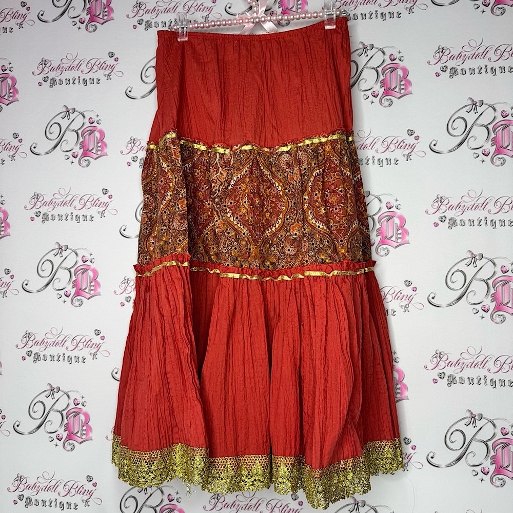 FWR USA skirt Bohemian Red and Gold Tiered Skirt shimmer paisley